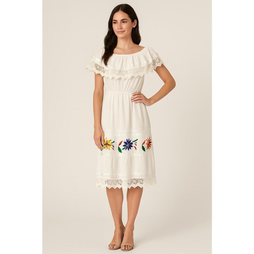 VTG M White Spanish Style Peasant Dress Floral Embroidered Boho Cottagecore - Picture 1 of 7